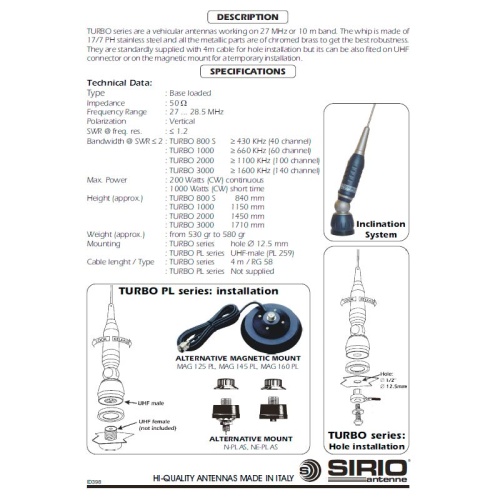 Автомобильная антенна Sirio Turbo 1000 PL фото 2