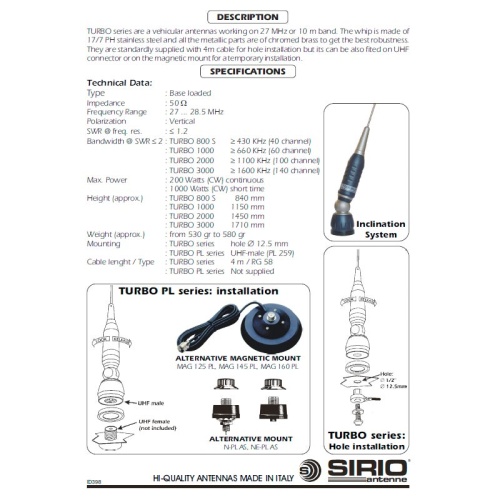 Автомобильная антенна Sirio Turbo 3000 PL Blue Line фото 2